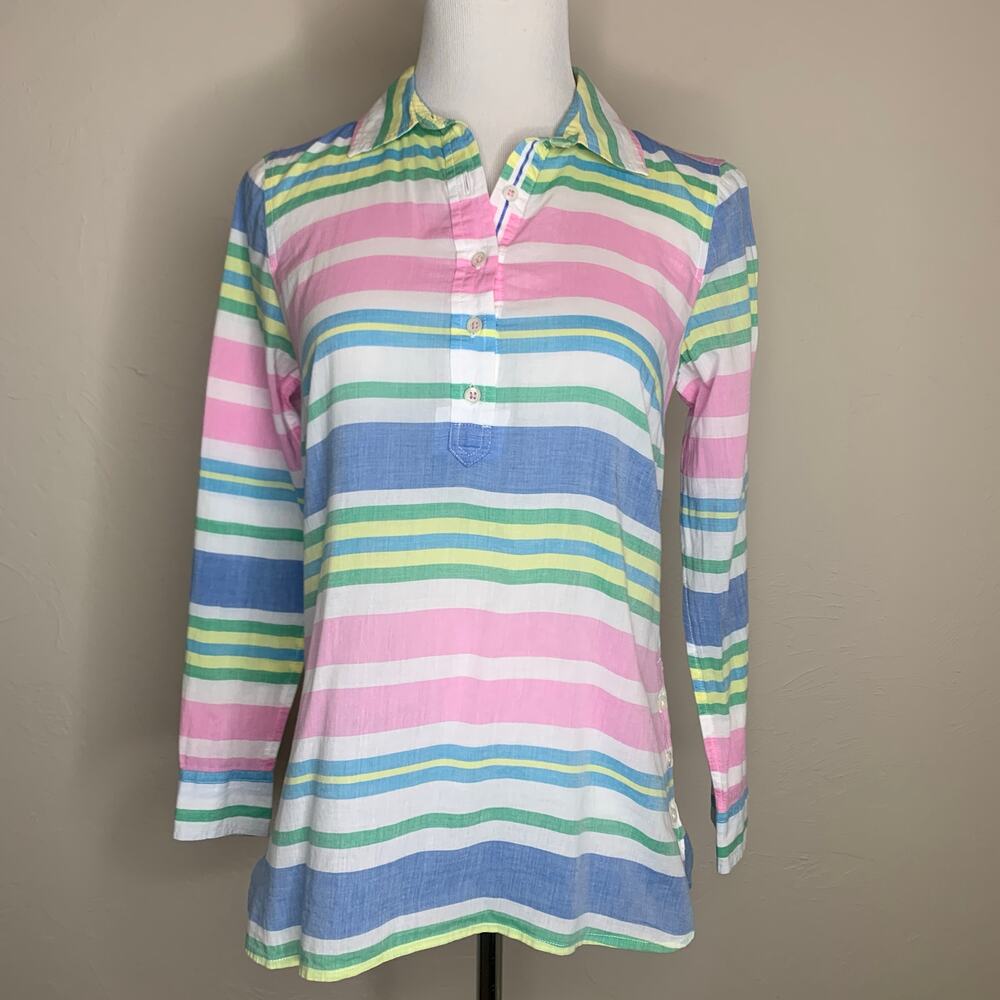 Talbots Striped Pop Over Shirt Sz P XS Petite Pink Blue Green Yellow